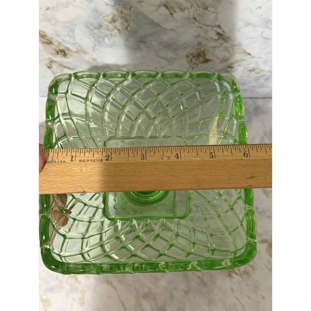 L.E. Smith 1960 Green Glass Compote Trellis Pressed Pattern Bowl 6 1/4